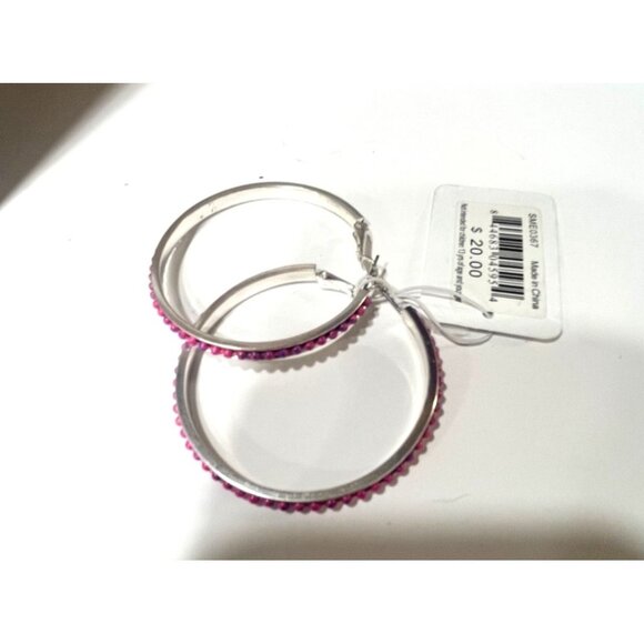 Steve Madden Silver-tone  Hoop Earrings With Pink Beaded Detailing - Picture 5 of 9